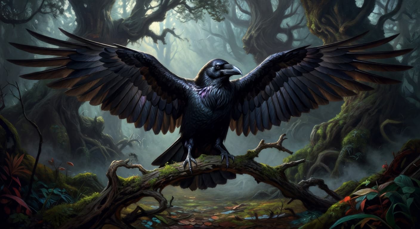 A raven with wings spread, perched in a misty forest — word on its way to the Forge