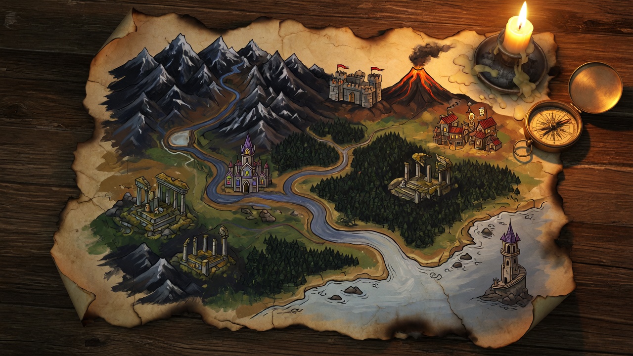 A painted map of the realm with twelve locations