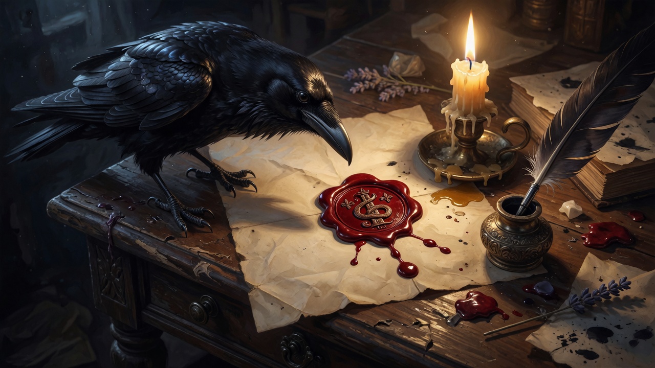 A raven on a sealed letter by candlelight